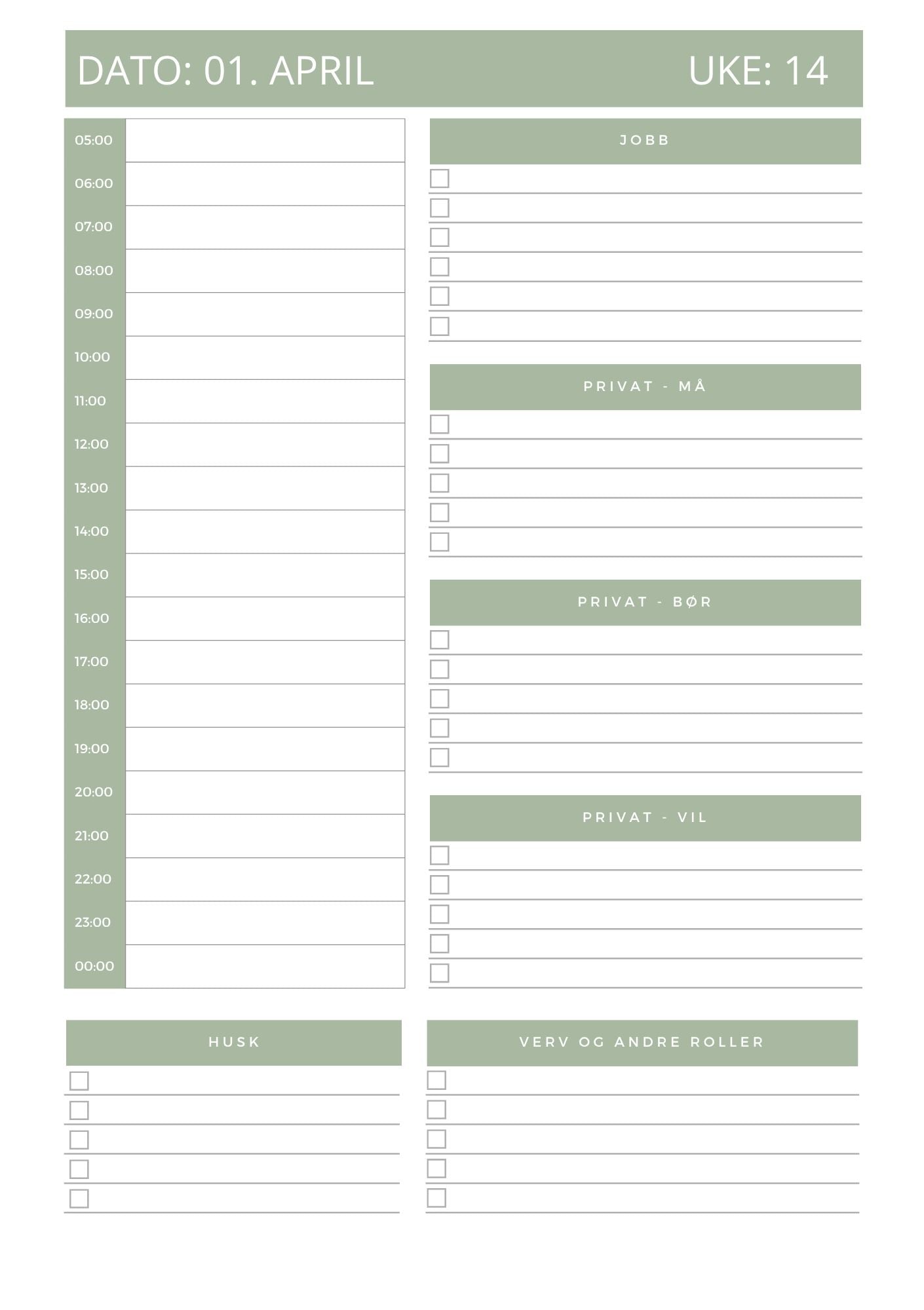 Digital planlegger April 2026 - A5 format - PDF (Lys Grønn)