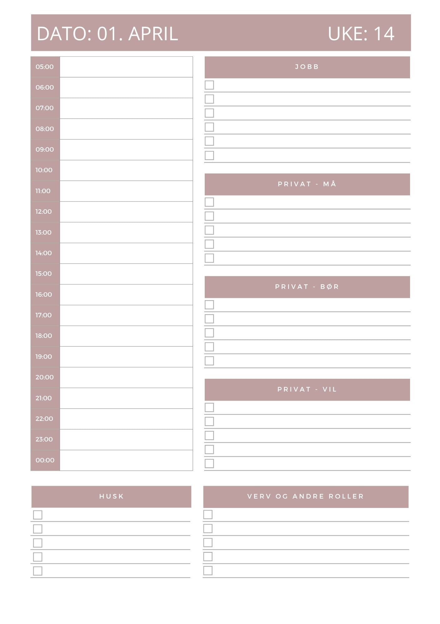 Digital planlegger April 2026 - A5 format - PDF (Rosa)