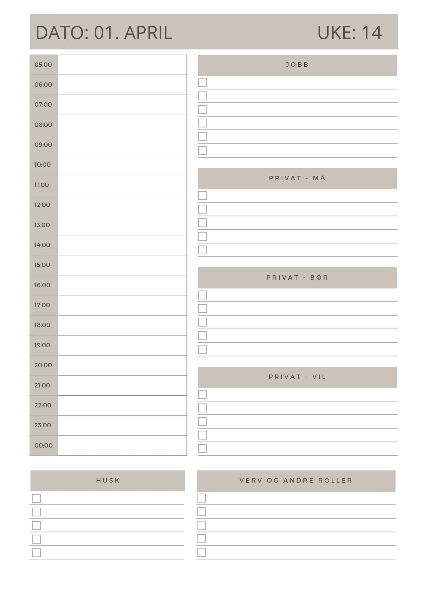 Digital planlegger April 2026 - A5 format - PDF (Sand)